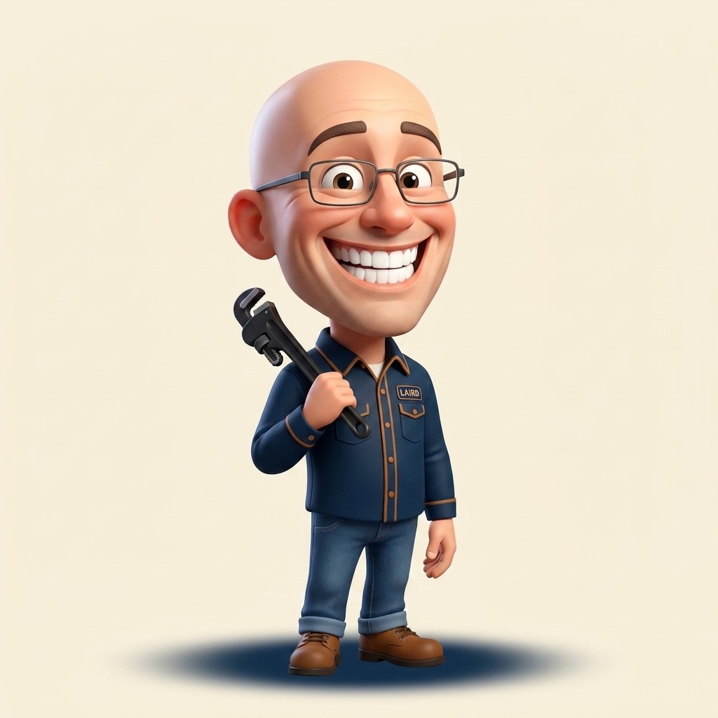 Cartoon of Laird, owner of Laird's Plumbing and Drain, grinning with a wrench over his shoulder