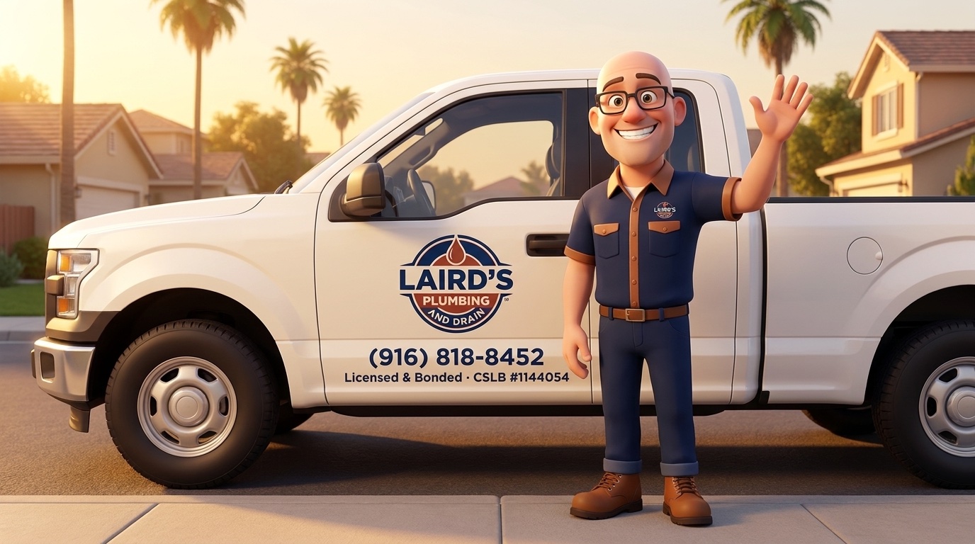 Cartoon of Laird waving in front of the Laird's Plumbing and Drain truck — (916) 818-8452, Licensed & Bonded, CSLB #1144054